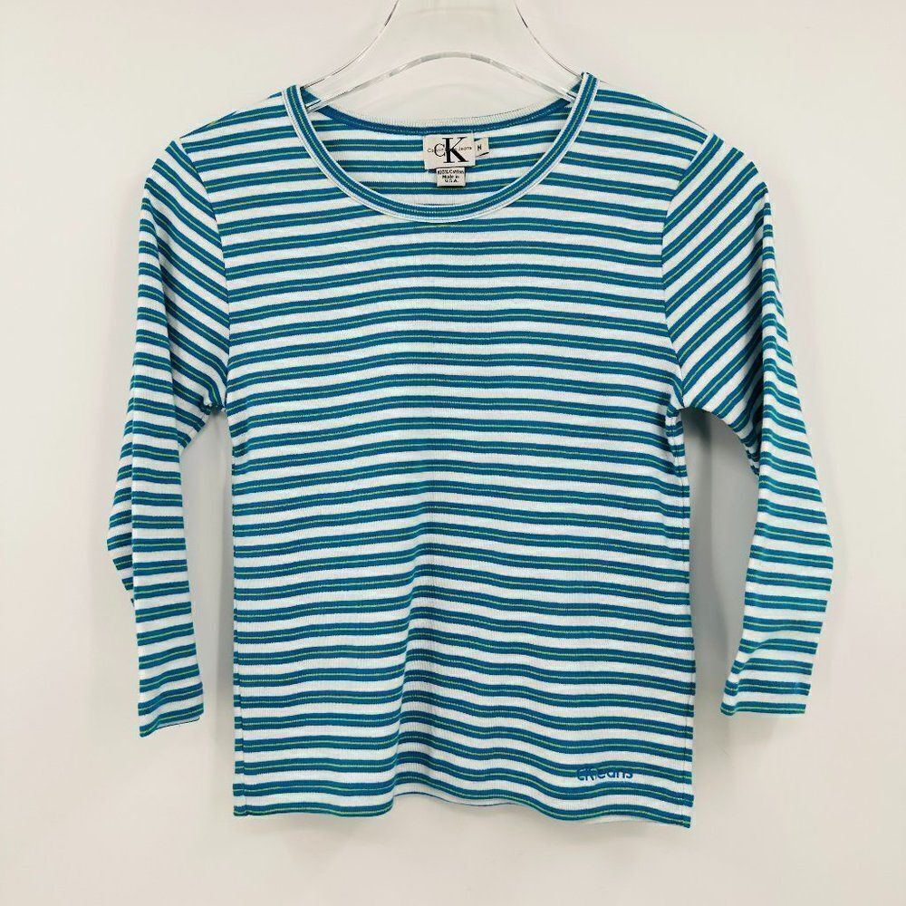 Vintage Calvin Klein Size Medium Blue & White Striped Cropped Top 90s Y2K
